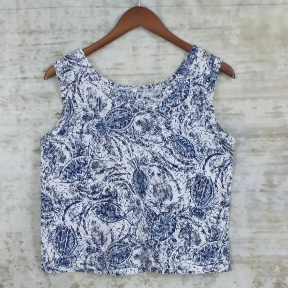 Blue Toile Tank Top Small Cotton Blouse Sleeveless Retro Resort Coastal Style - Picture 2 of 6